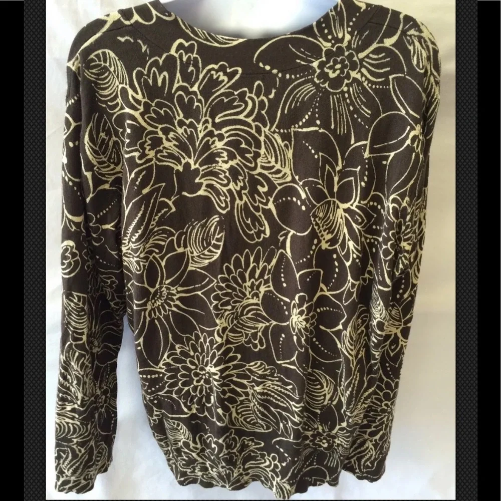 CHICOS Sweater Top V Neck Brown Gold Soft Floral Long Sleeve